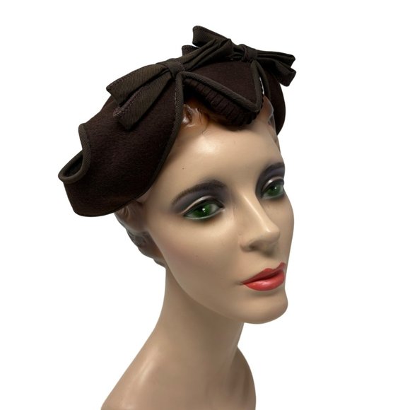 Vintage Bows Hat Scalloped Chocolate Brown Wool Calot Cap main image 7